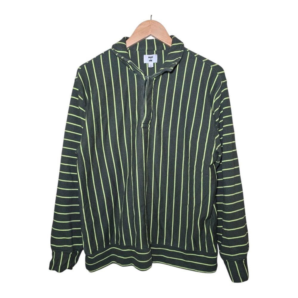 Mode Of One Men’s Large L/S Polo Shirt French Terry Green Striped Relaxed